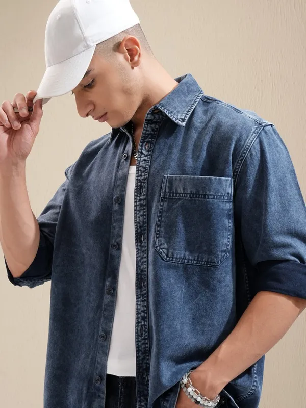 Highlander Men Navy Blue Faded Oversized Fit Casual Shirt
