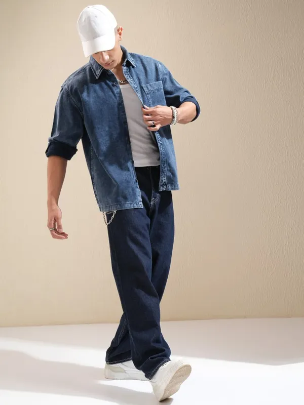 Highlander Men Navy Blue Faded Oversized Fit Casual Shirt