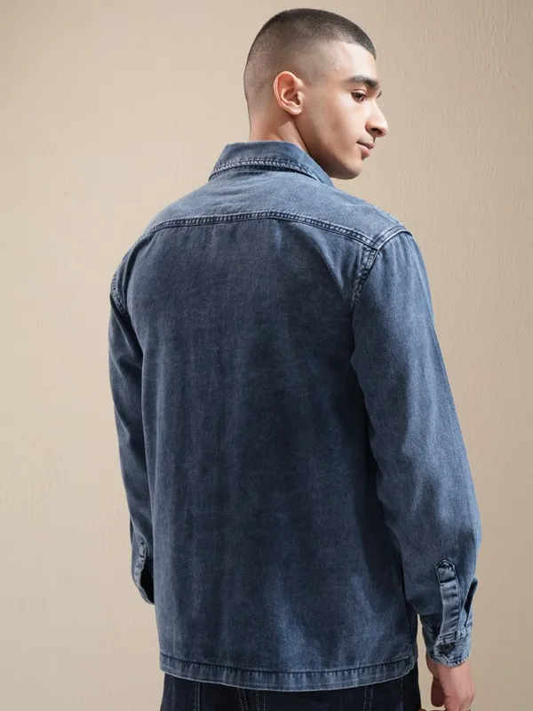 Highlander Men Navy Blue Faded Oversized Fit Casual Shirt
