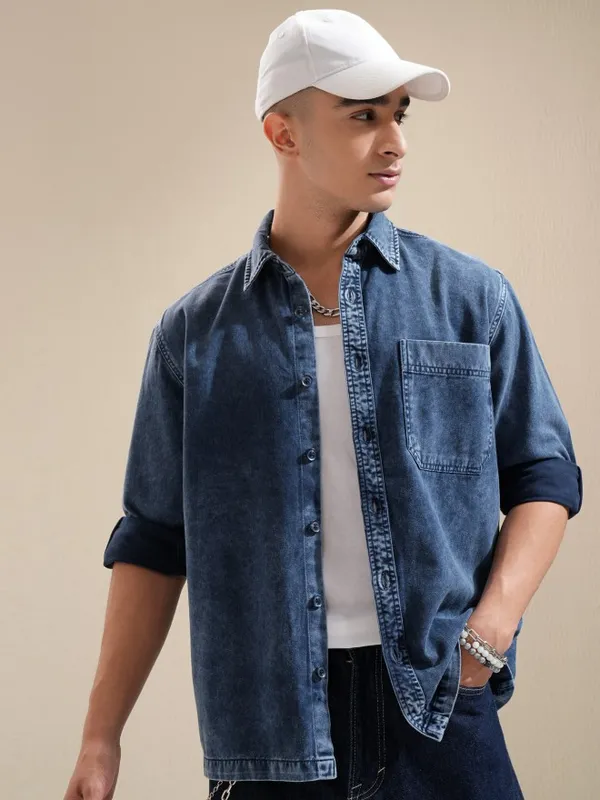 Highlander Men Navy Blue Faded Oversized Fit Casual Shirt