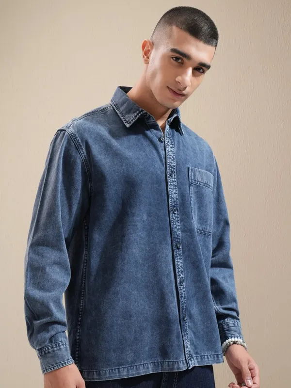 Highlander Men Navy Blue Faded Oversized Fit Casual Shirt