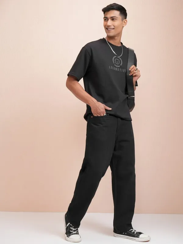 Locomotive Men Black Printed Oversized Fit T-Shirt