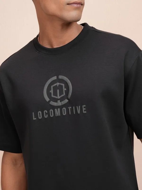 Locomotive Men Black Printed Oversized Fit T-Shirt