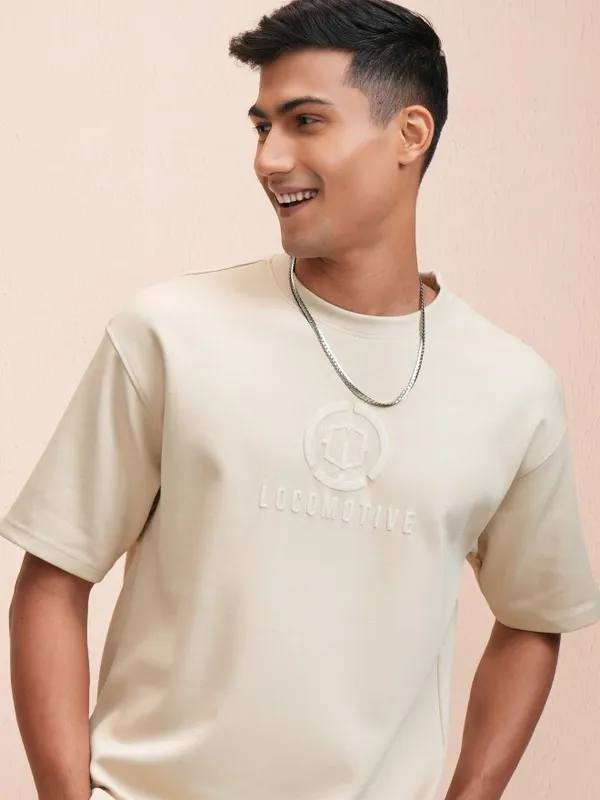 Locomotive Men Beige Printed Oversized Fit T-Shirt