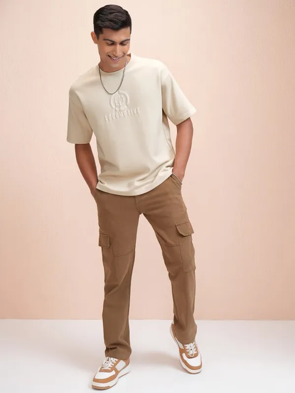 Locomotive Men Beige Printed Oversized Fit T-Shirt
