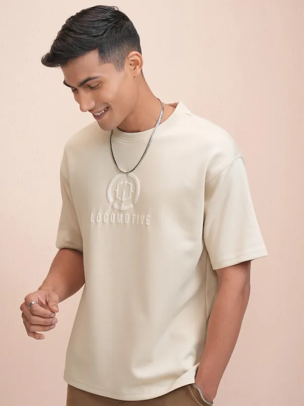 Locomotive Men Beige Printed Oversized Fit T-Shirt