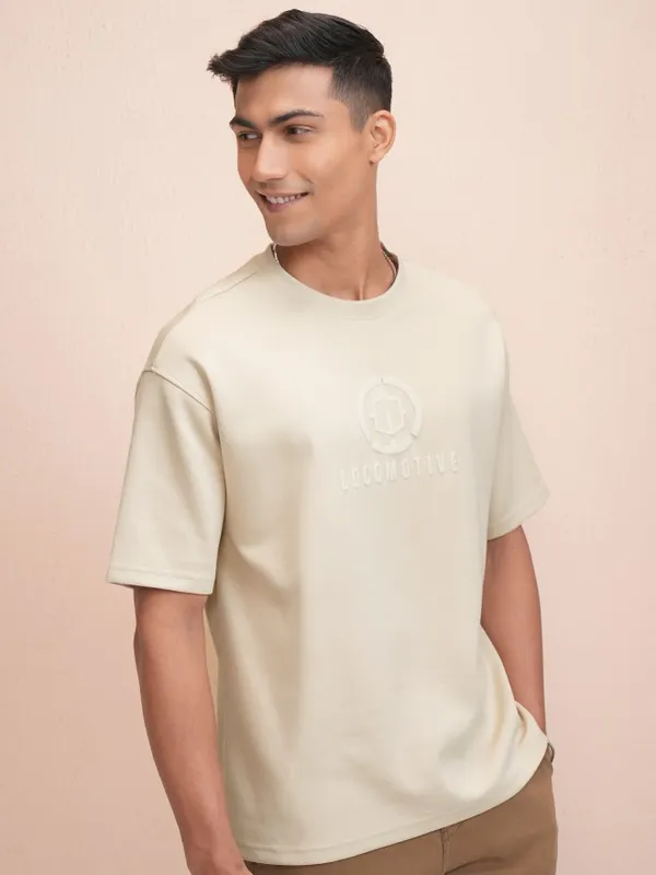 Locomotive Men Beige Printed Oversized Fit T-Shirt