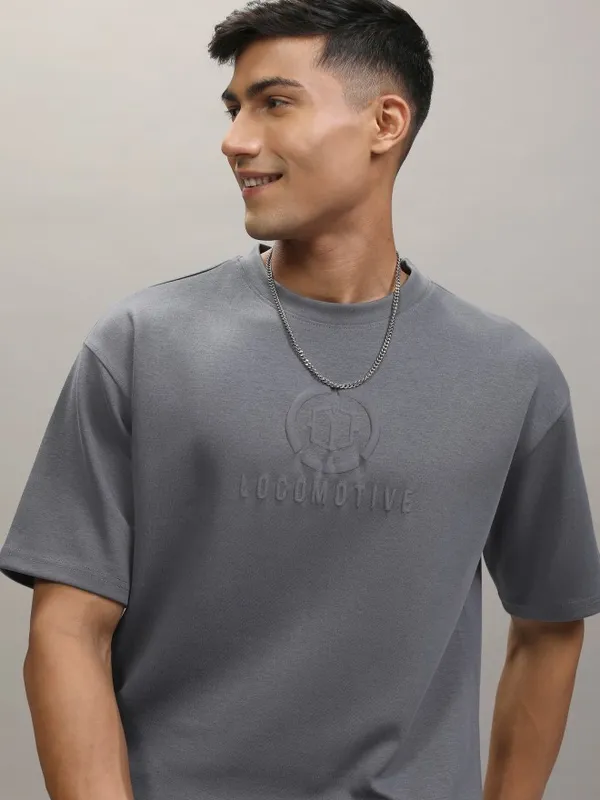 Locomotive Men Grey Printed Round Neck Relaxed Fit T-Shirt