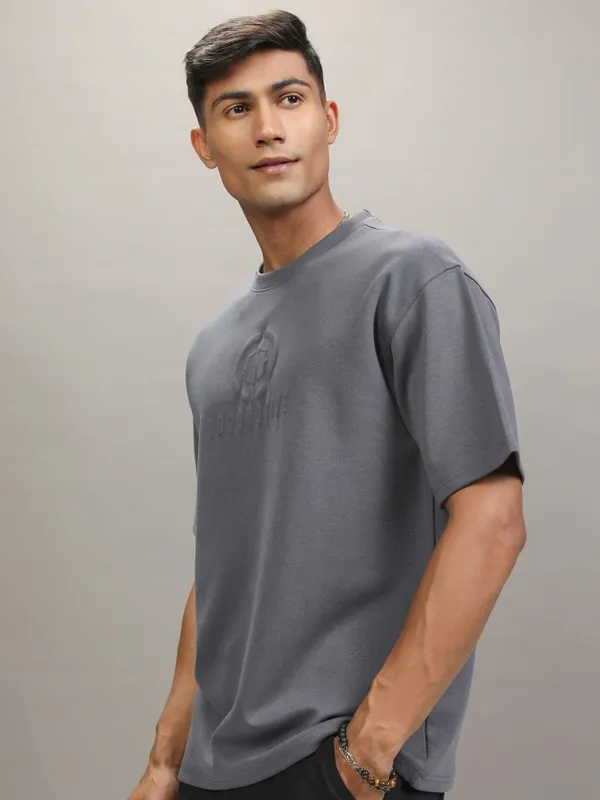 Locomotive Men Grey Printed Round Neck Relaxed Fit T-Shirt
