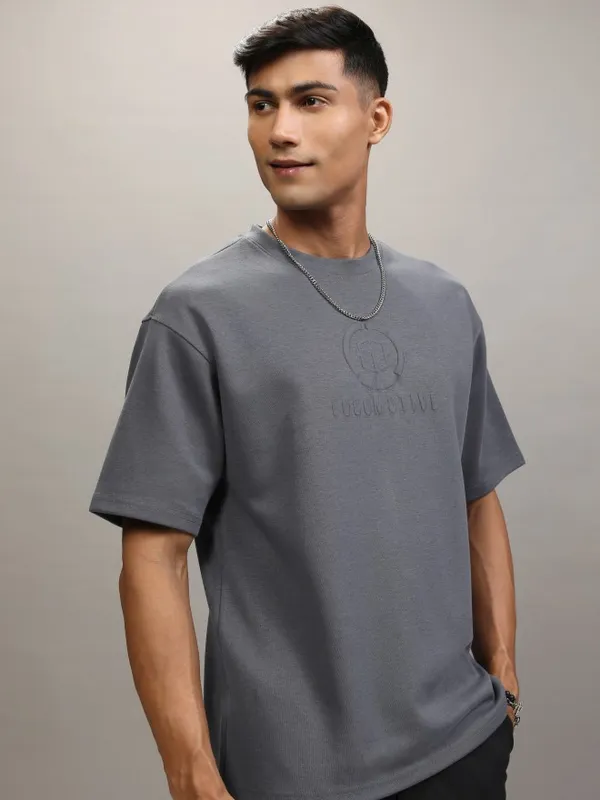 Locomotive Men Grey Printed Round Neck Relaxed Fit T-Shirt