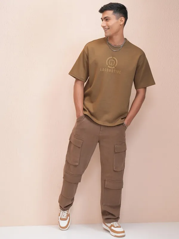 Locomotive Men Brown Printed Oversized Fit T-Shirt