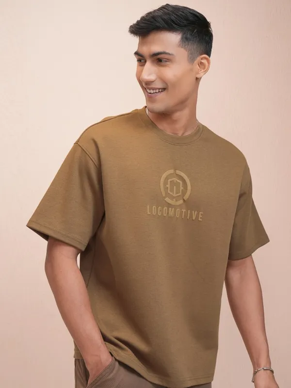Locomotive Men Brown Printed Oversized Fit T-Shirt