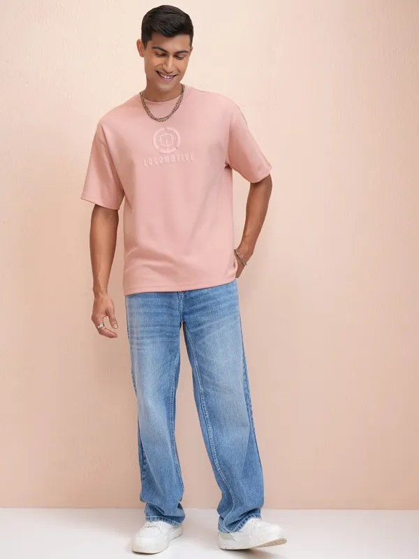 Locomotive Men Pink Printed Oversized Fit T-Shirt
