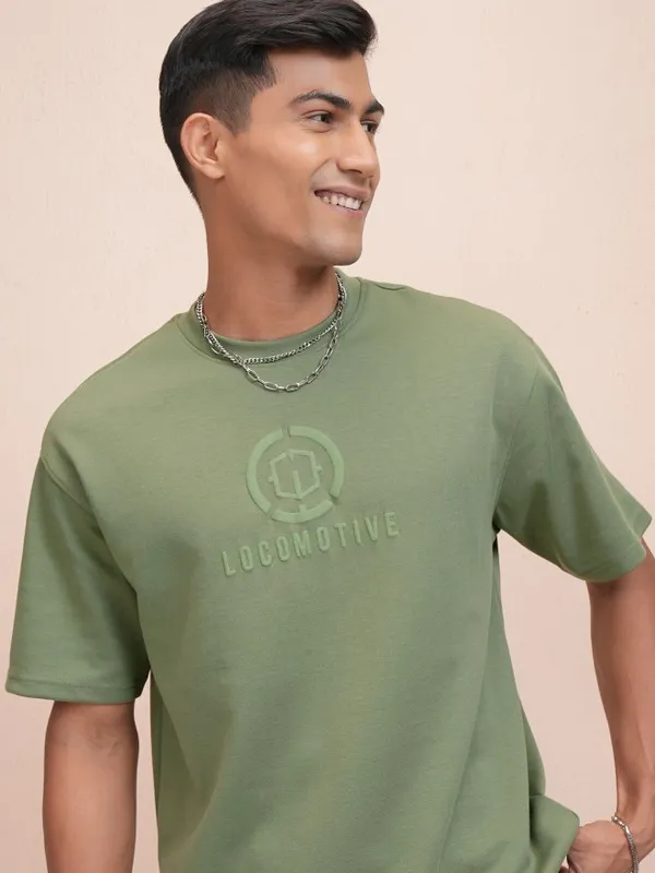 Locomotive Men Olive Printed Oversized Fit T-Shirt