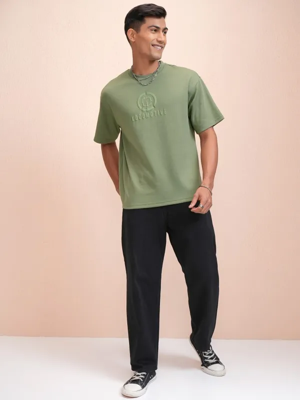 Locomotive Men Olive Printed Oversized Fit T-Shirt