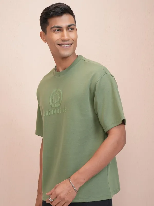 Locomotive Men Olive Printed Oversized Fit T-Shirt