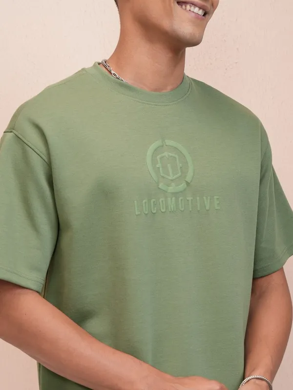 Locomotive Men Olive Printed Oversized Fit T-Shirt