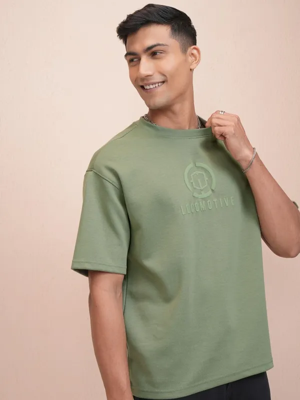 Locomotive Men Olive Printed Oversized Fit T-Shirt