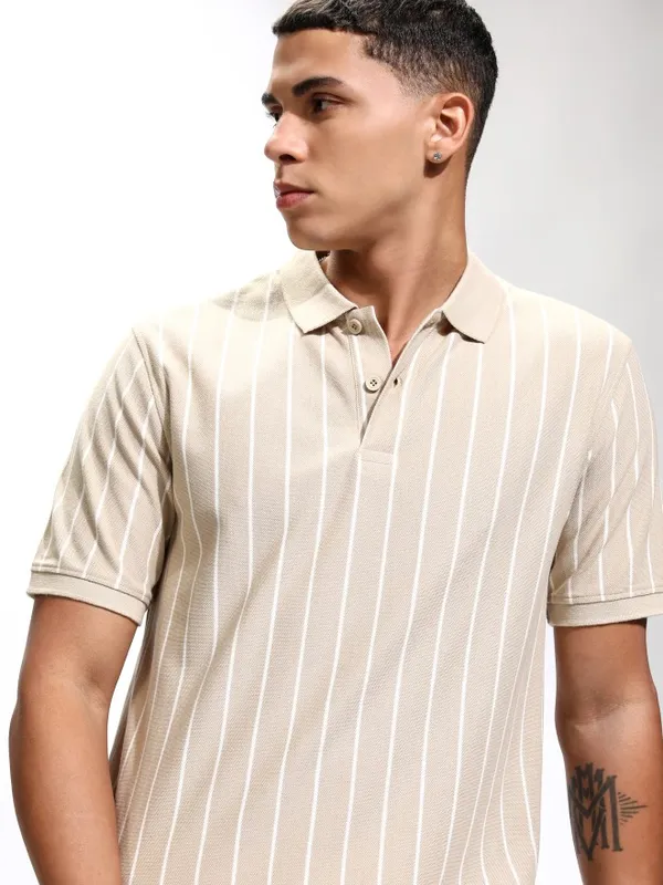 Highlander Men Beige Striped Polo Collar T-Shirt