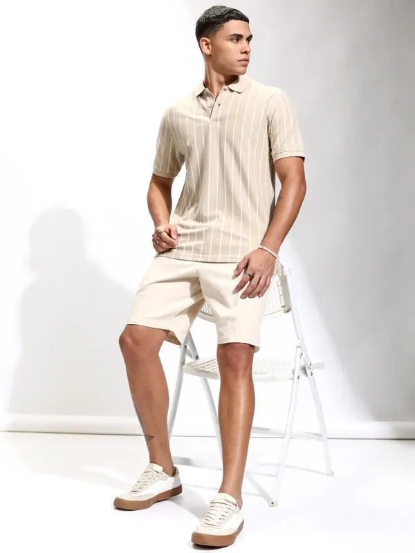 Highlander Men Beige Striped Polo Collar T-Shirt