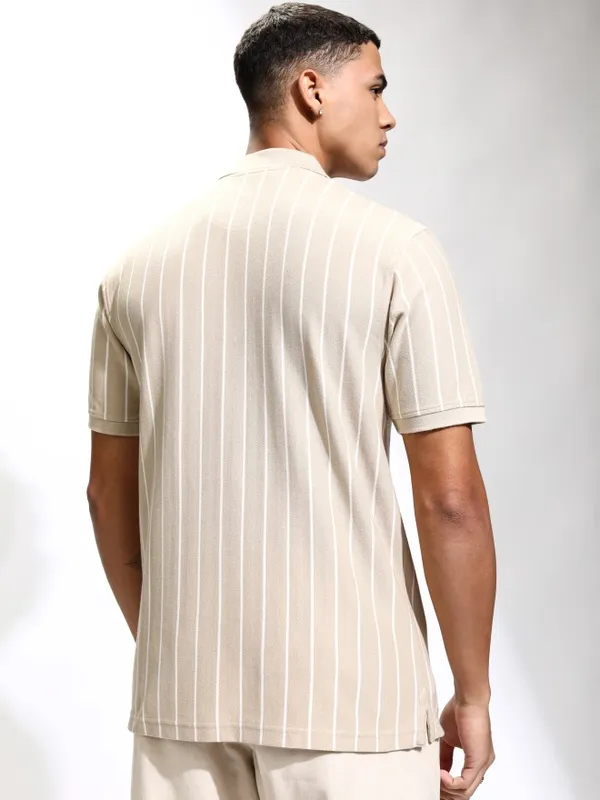Highlander Men Beige Striped Polo Collar T-Shirt