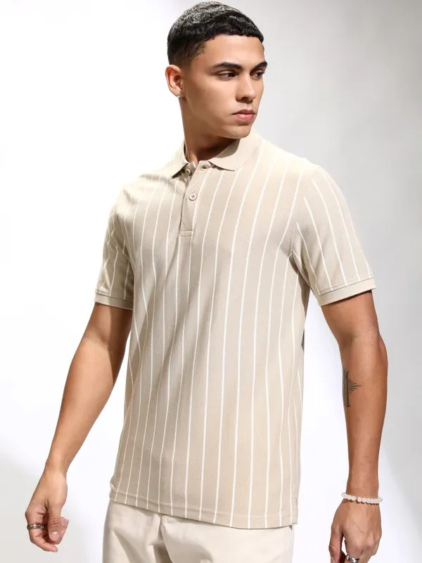 Highlander Men Beige Striped Polo Collar T-Shirt