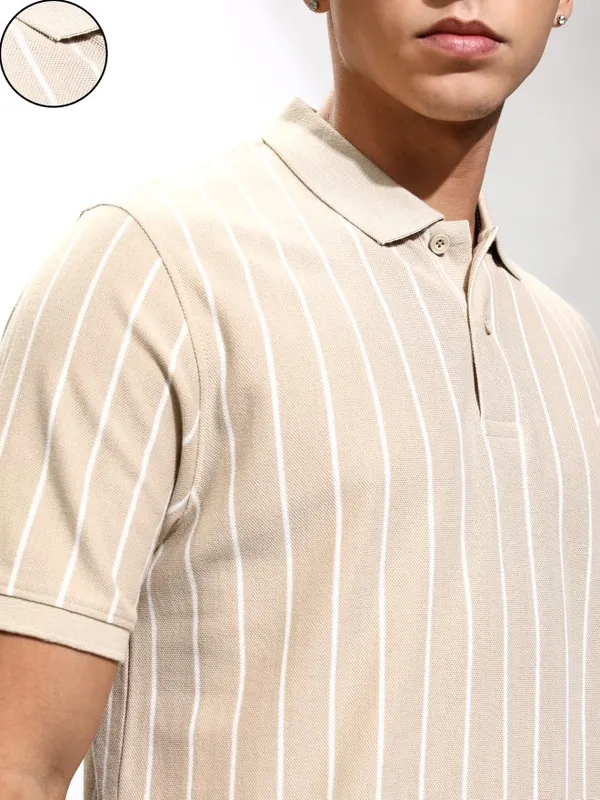 Highlander Men Beige Striped Polo Collar T-Shirt