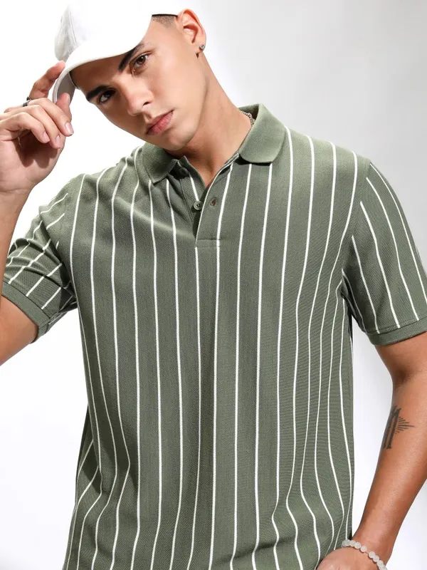 Highlander Men Olive Striped Polo Collar T-Shirt