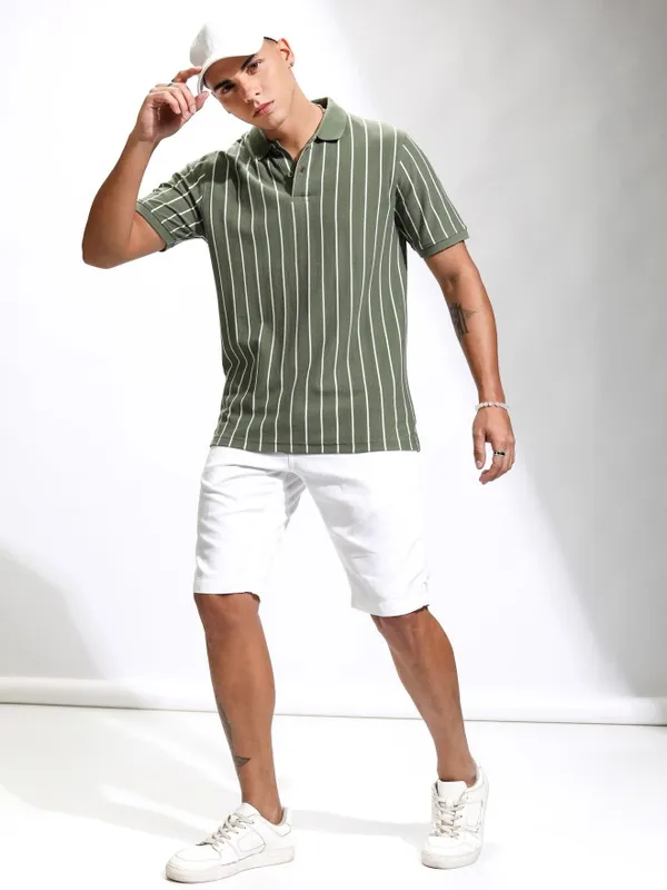 Highlander Men Olive Striped Polo Collar T-Shirt