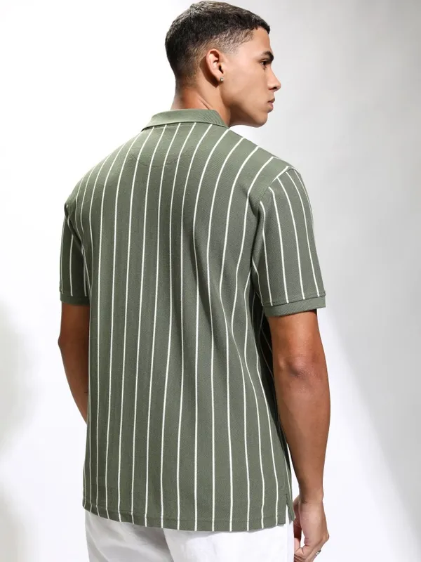 Highlander Men Olive Striped Polo Collar T-Shirt