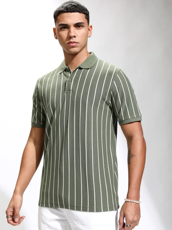 Highlander Men Olive Striped Polo Collar T-Shirt