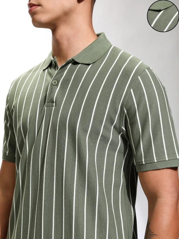 Highlander Men Olive Striped Polo Collar T-Shirt