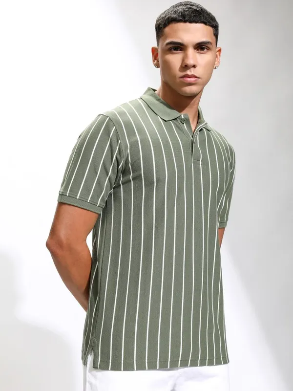 Highlander Men Olive Striped Polo Collar T-Shirt