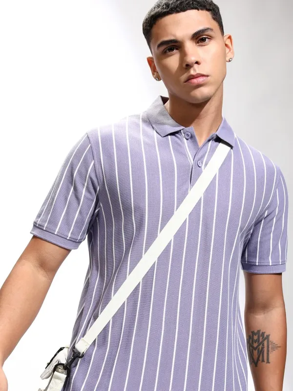 Highlander Men Lavender Striped Polo Collar T-Shirt