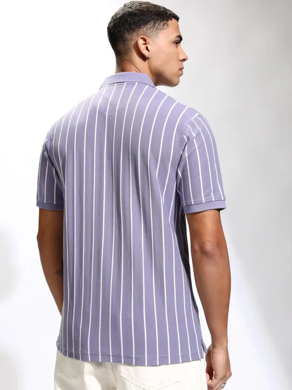 Highlander Men Lavender Striped Polo Collar T-Shirt