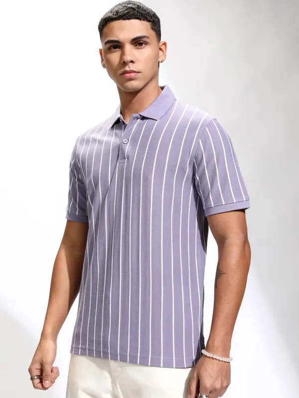 Highlander Men Lavender Striped Polo Collar T-Shirt