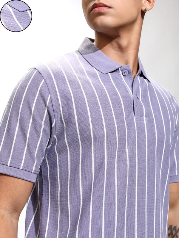 Highlander Men Lavender Striped Polo Collar T-Shirt