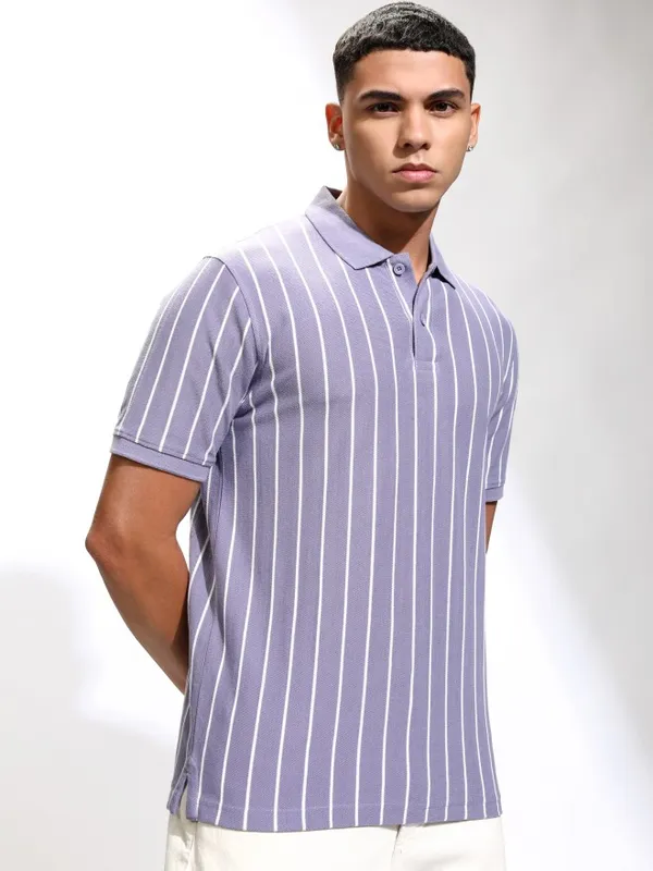 Highlander Men Lavender Striped Polo Collar T-Shirt