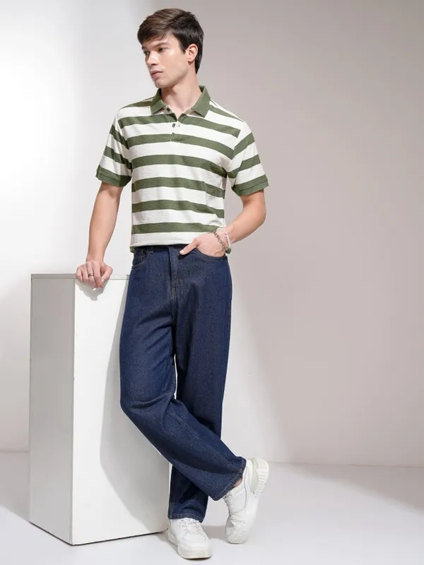 Highlander Men Cream Striped Polo Collar T-Shirt