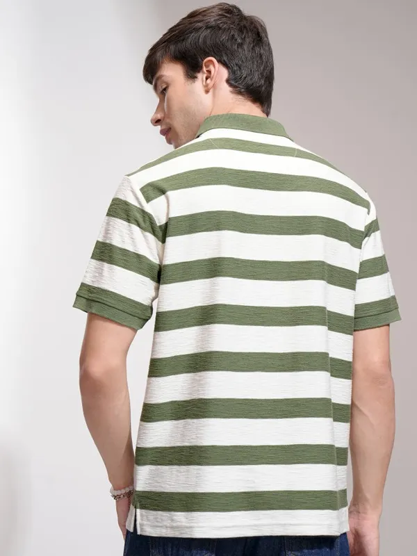 Highlander Men Cream Striped Polo Collar T-Shirt
