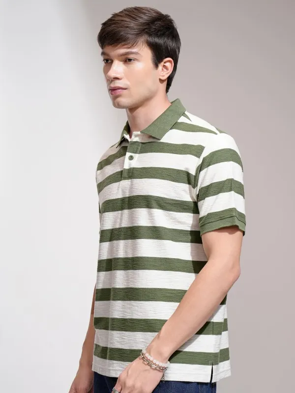 Highlander Men Cream Striped Polo Collar T-Shirt