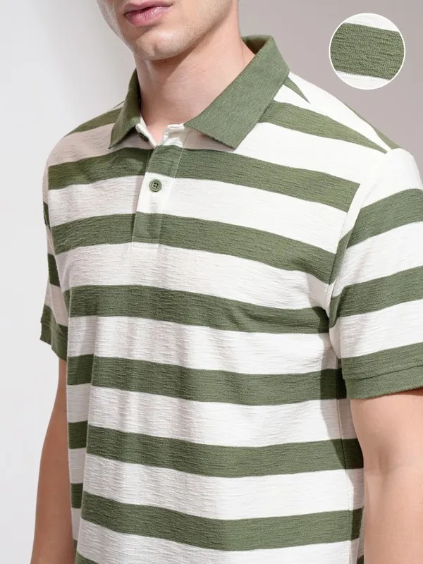 Highlander Men Cream Striped Polo Collar T-Shirt