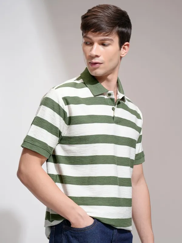 Highlander Men Cream Striped Polo Collar T-Shirt