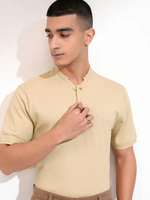 Highlander Men Beige Self Design Henley Neck Slim Fit T-Shirt