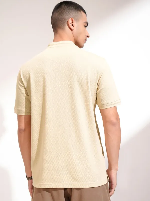 Highlander Men Beige Self Design Henley Neck Slim Fit T-Shirt