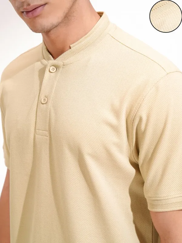 Highlander Men Beige Self Design Henley Neck Slim Fit T-Shirt