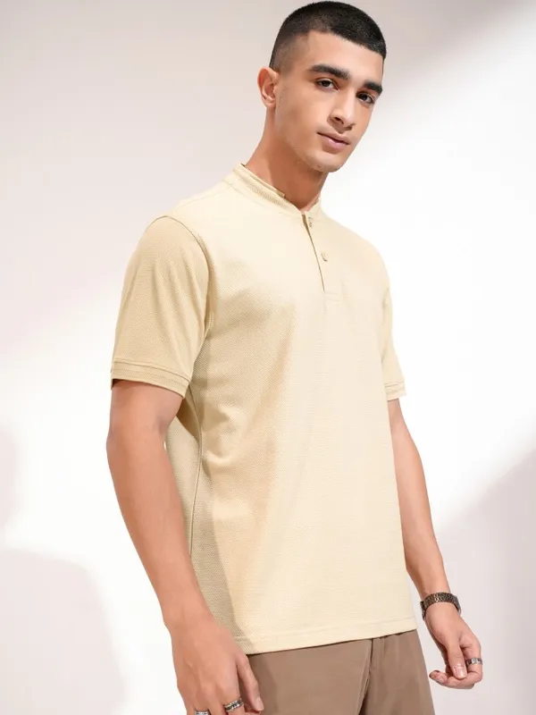 Highlander Men Beige Self Design Henley Neck Slim Fit T-Shirt