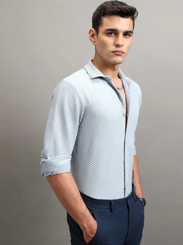Highlander Men Blue Textured Regular Fit Casual Shirt
