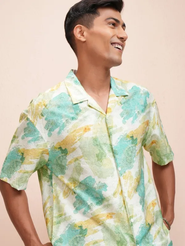 Locomotive Men Yellow Printed Oversized Fit Casual Shirt