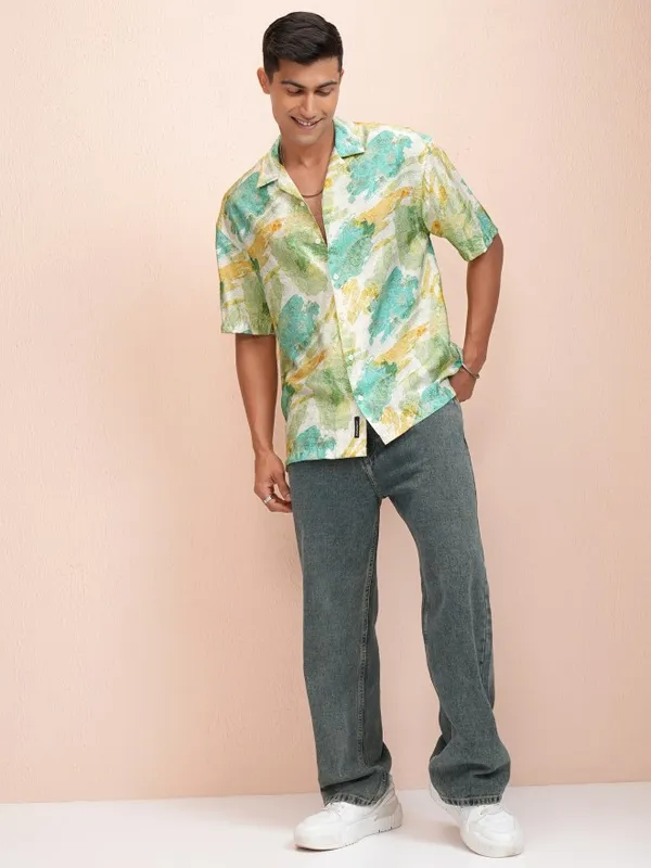 Locomotive Men Yellow Printed Oversized Fit Casual Shirt